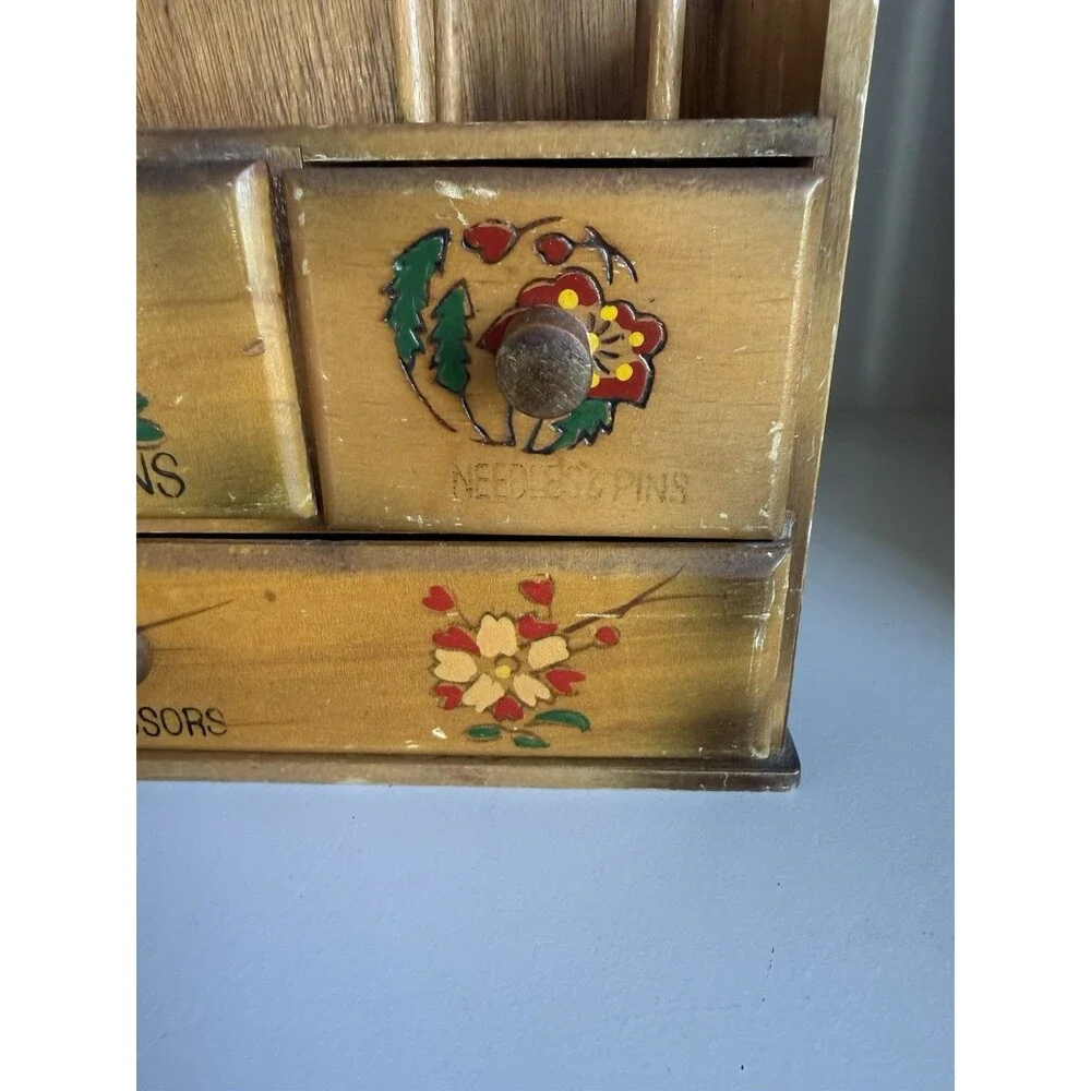 Vintage Wood Wooden Hanging Sewing Box Storage Drawers Painted Flowers